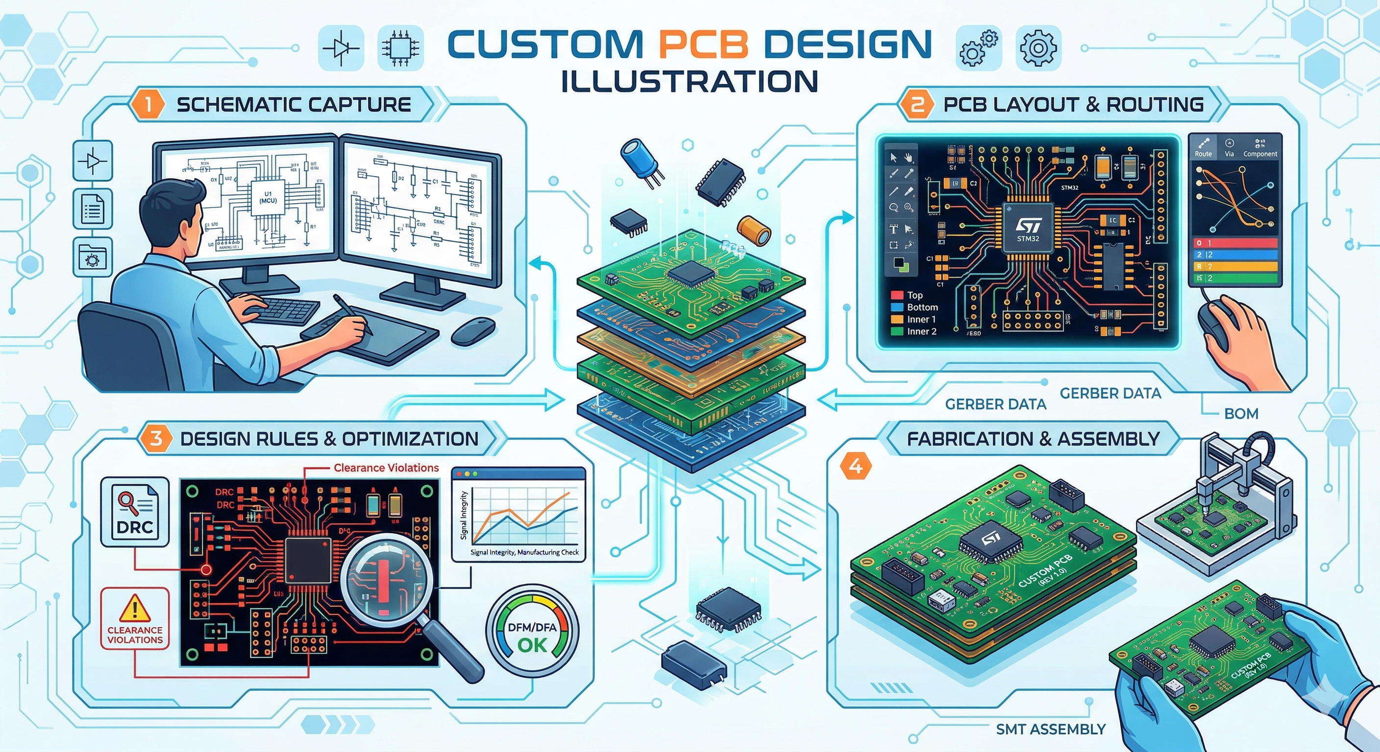 Custom PCB Design process — from schematic capture to fabrication and assembly