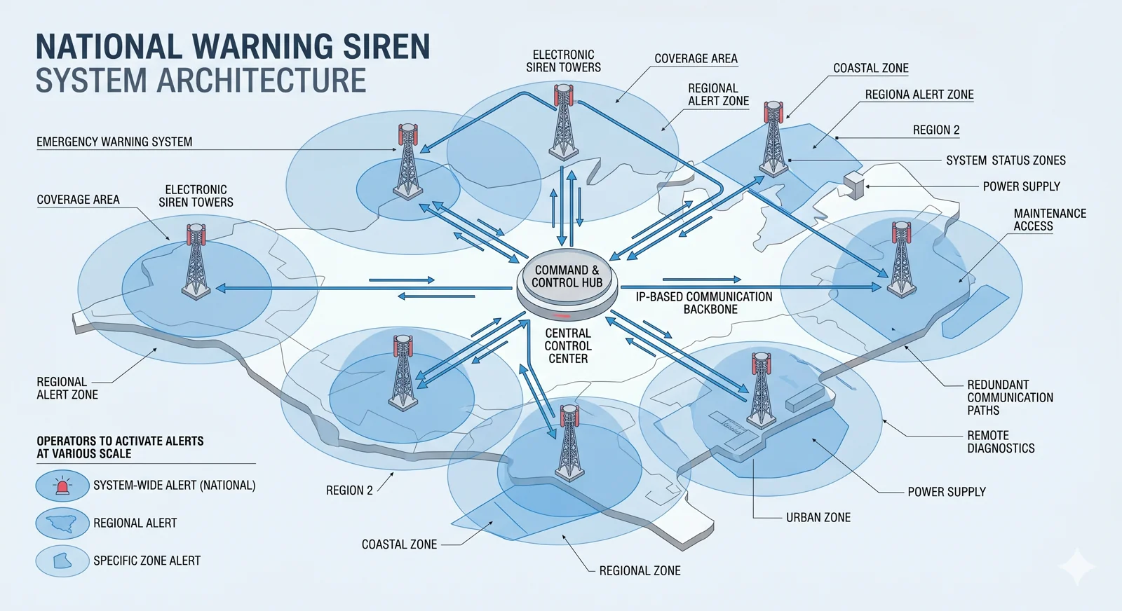 National Warning Siren System architecture diagram — central command and control hub connected via IP-based communication backbone to regional alert zones, electronic siren towers across coastal, urban, and regional zones, with redundant communication paths, remote diagnostics, and tiered activation (system-wide, regional, specific zone)