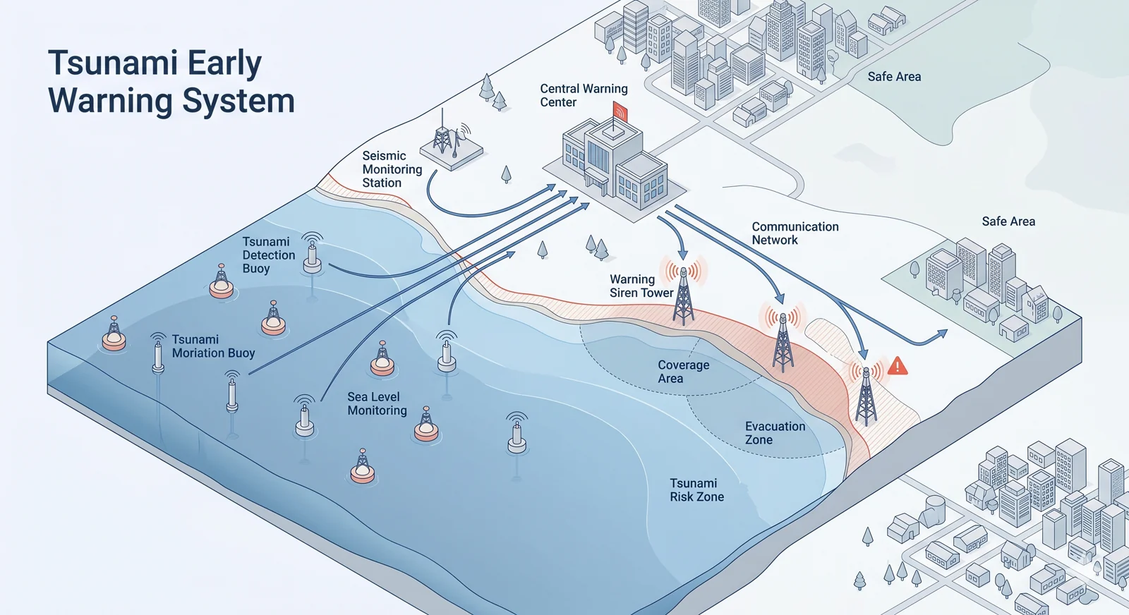 Tsunami Early Warning System architecture diagram — central warning center receiving data from seismic monitoring stations, tsunami detection buoys, tsunami metering buoys, and sea-level monitoring sensors, communicating via network to coastal warning siren towers, with marked tsunami risk zone, evacuation zone, and safe areas